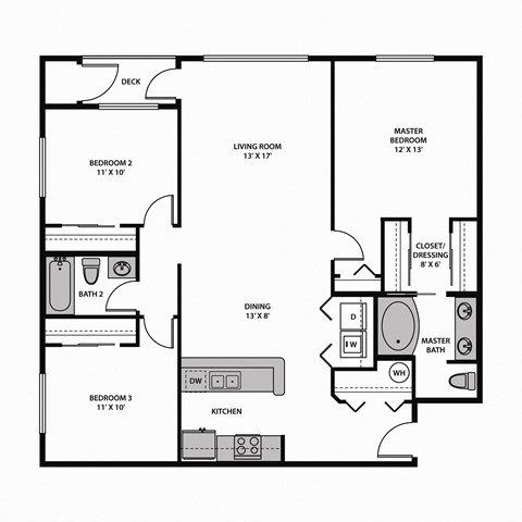 Floor plan for 3 beds, 2 baths, 1286 sqft